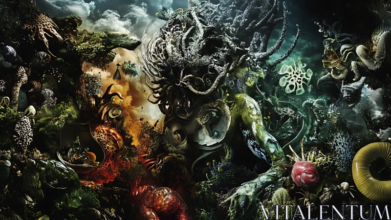 Surreal bioluminescent reef goddess amid chaotic ocean forms.