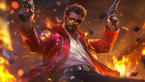 Gunfighter in crimson jacket dives through explosive chaos.