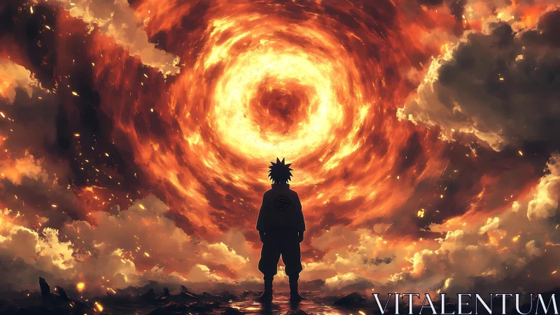 Swirling fiery sky opens as a lone hero faces the storm