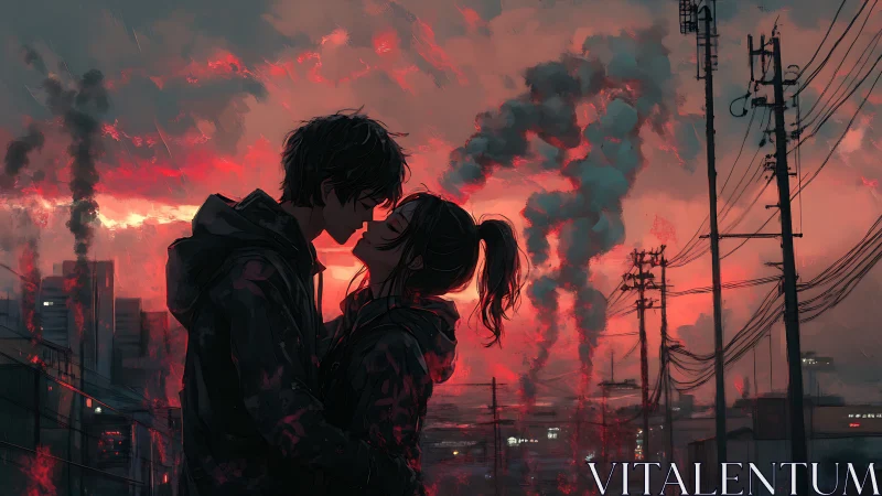 Teen couple embrace at dusk in smoky urban skyline.