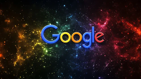Google logo over vibrant cosmic nebula background.
