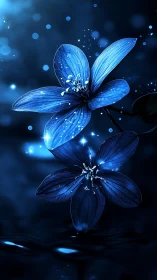 Luminescent Blue Flowers Against Dark Background with Sparkles