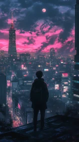 Midnight skyline wanderer beneath neon pink twilight.
