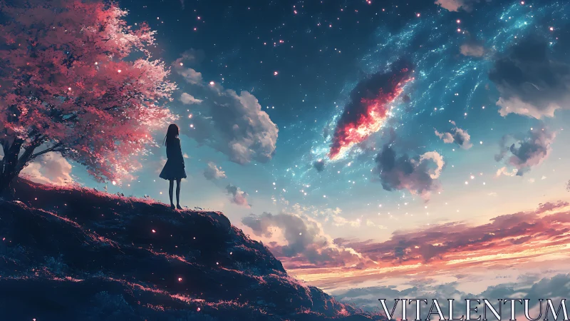 Stargazing girl trades whispered wishes with a drifting galaxy