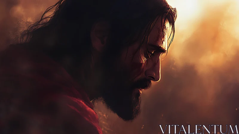 Side profile of long haired bearded man in warm light.