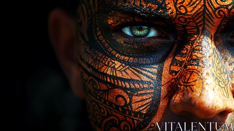 Intense gaze emerges through vivid tribal face paint patterns