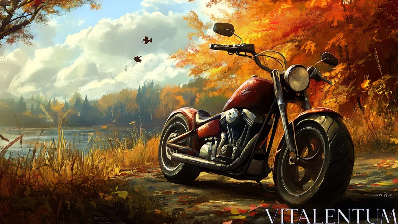 Red cruiser motorcycle beside an autumn lake shore path.