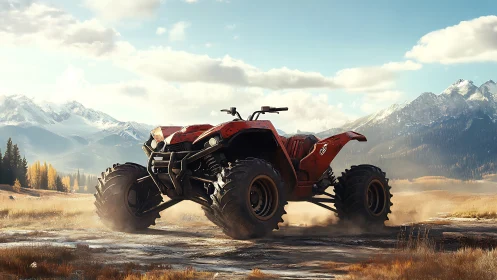 Red titan quad roars across frosted valley plains today