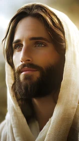 Soft backlit portrait of bearded man in ivory linen hood