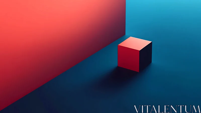 Red geometric cube against cyan minimalist plane.