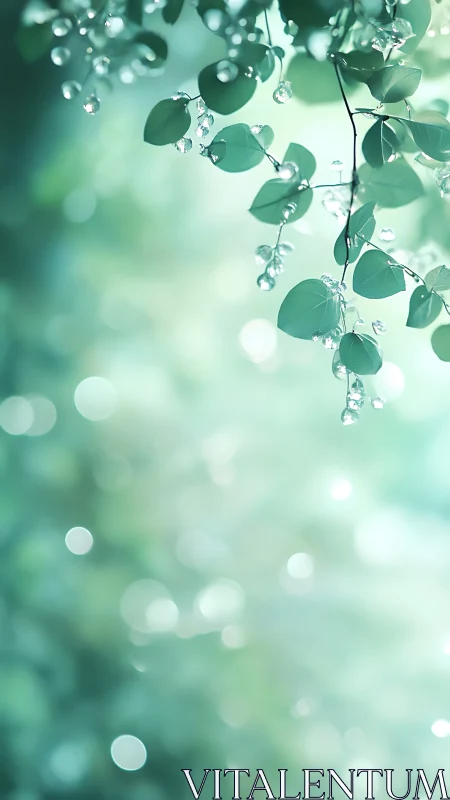 Macro bokeh study of dew-laden green leaves in soft teal light