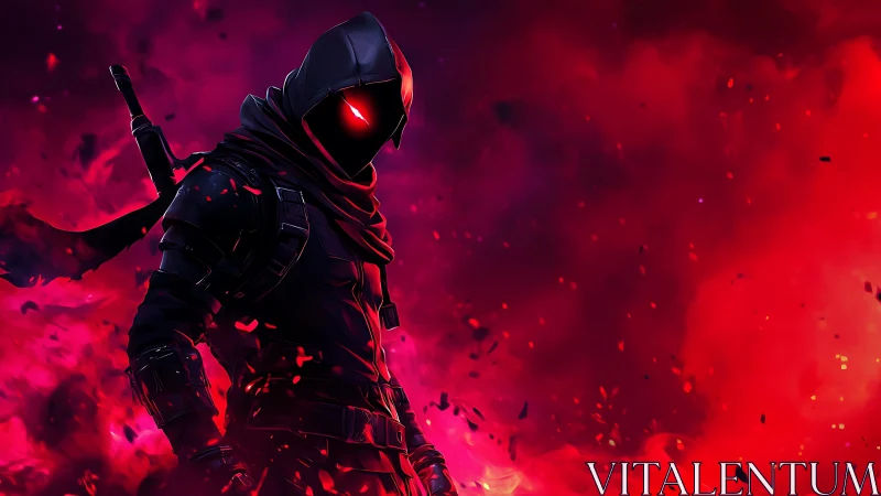 Hooded cyber assassin stands amid blazing crimson smoke