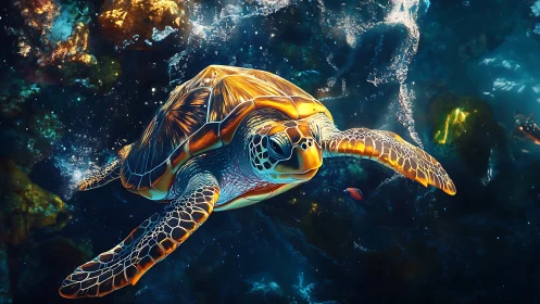 Radiant sea turtle glides through shimmering coral reef waters.