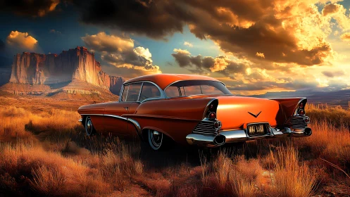Classic orange car parked in dramatic desert sunset scene.