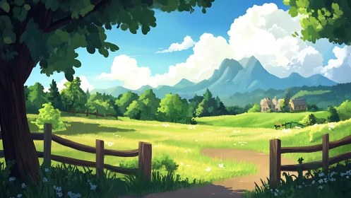 Sunny countryside meadow with farmhouse and mountains.