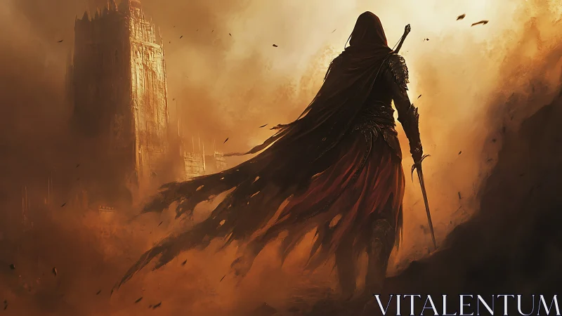 Cloaked wanderer stalking a burning citadel of dust and dread.