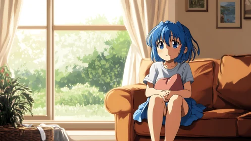 Blue haired anime girl on sofa in bright cozy living room.