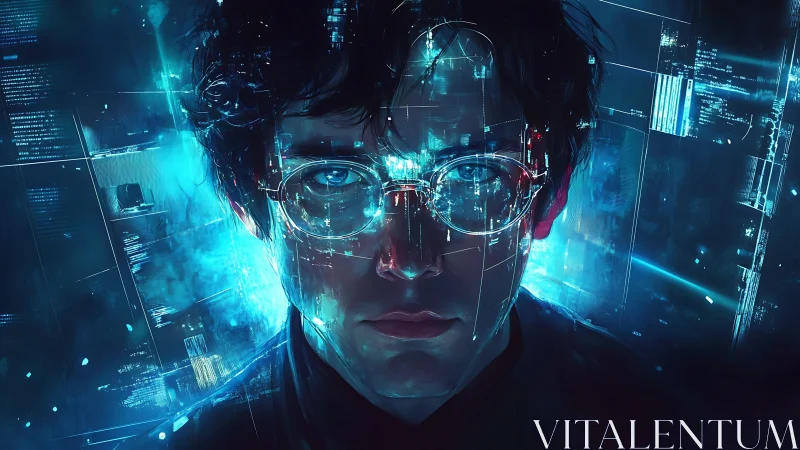 Cybernetic coder portrait with luminous HUD overlays in teal