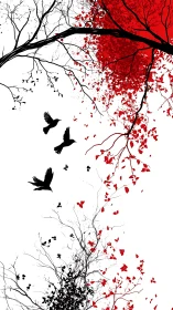 Black birds cross stark branches under bleeding red sun.