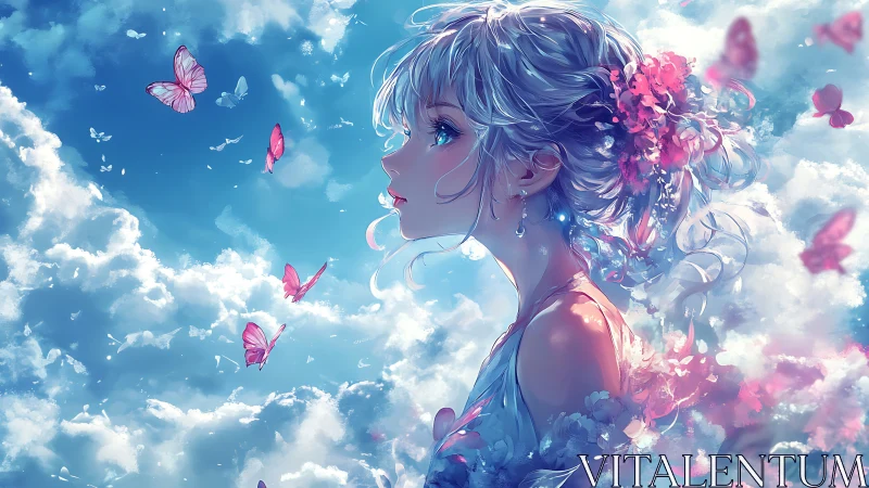 Anime sky maiden with pastel butterflies in luminous clouds.