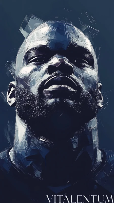 Low-angle stylized portrait of a bearded man in blue tones.