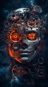 Clockwork cybernetic visage in molten orange glow.