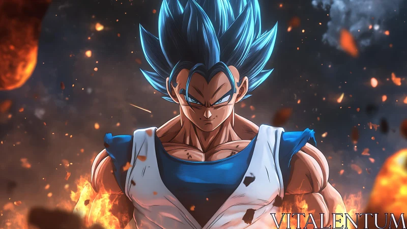 Blue-haired anime warrior stands amid fiery explosive debris