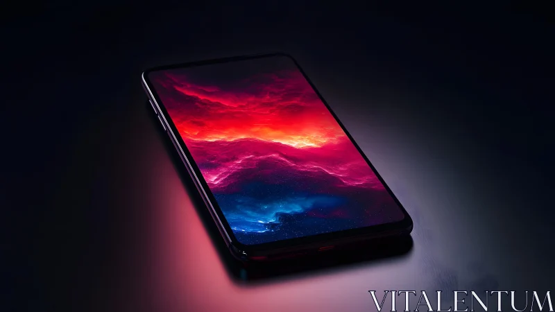 Modern smartphone with vibrant cosmic wallpaper in dark lighting.