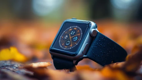 Smartwatch with black strap on wet autumn leaves outdoors.