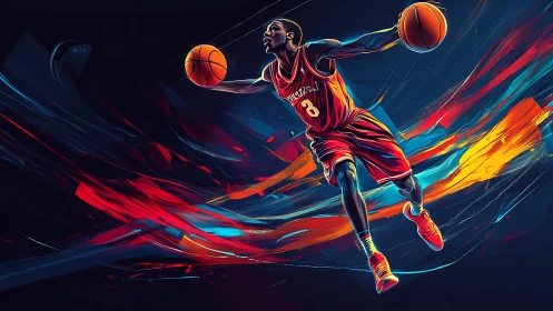 Dynamic basketball player soars through neon streaked energy court.