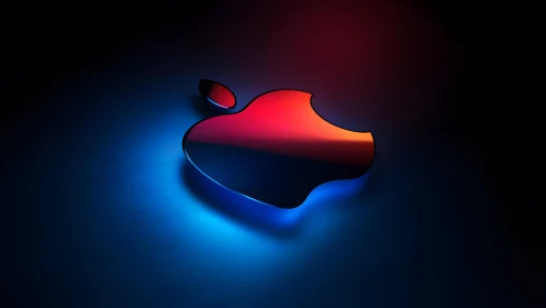 Glossy Apple Logo in Blue and Red Light on Dark Background.