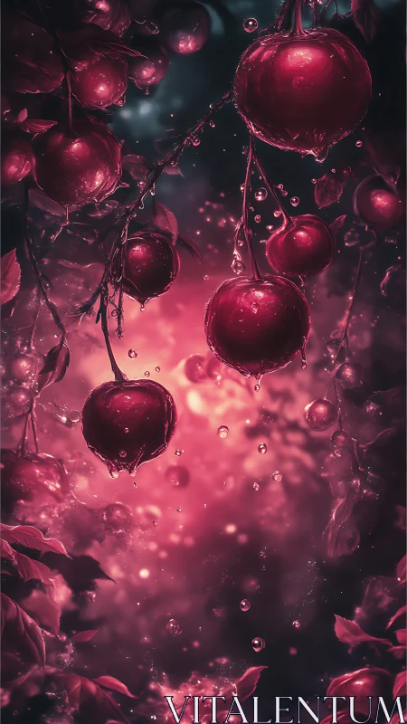 Red fruit branches with water droplets in glowing light.