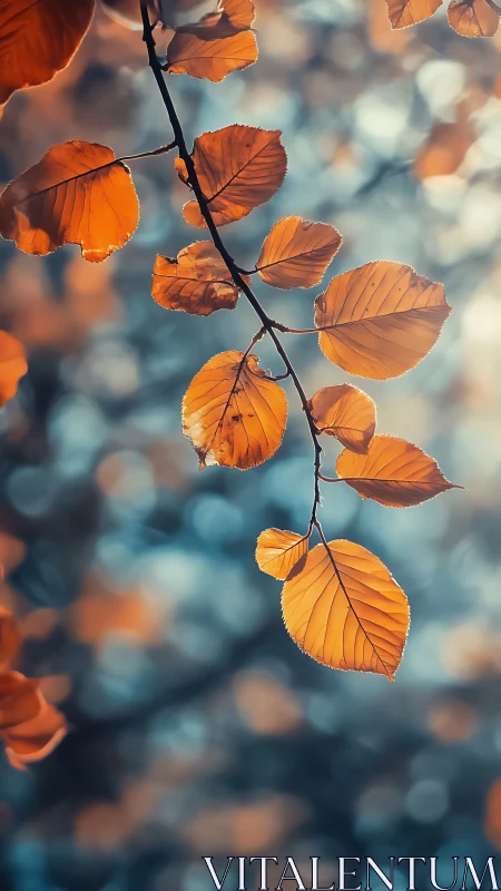 Golden autumn leaves hang against soft teal bokeh background