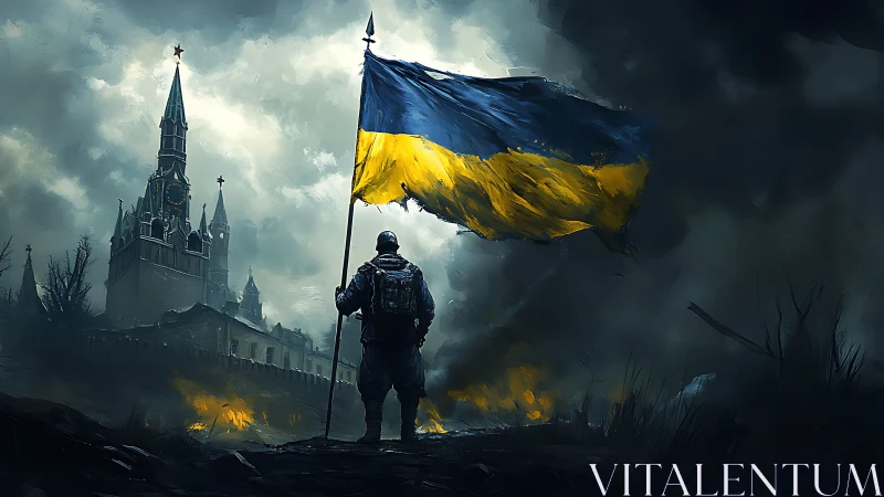 Ukrainian soldier with flag before burning Kremlin skyline.