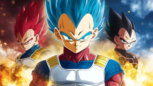Triadic Saiyan warrior forms in blazing cosmic battlefield.