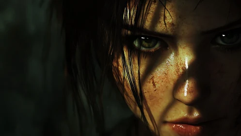 Grit-streaked female face in cinematic low key lighting closeup.