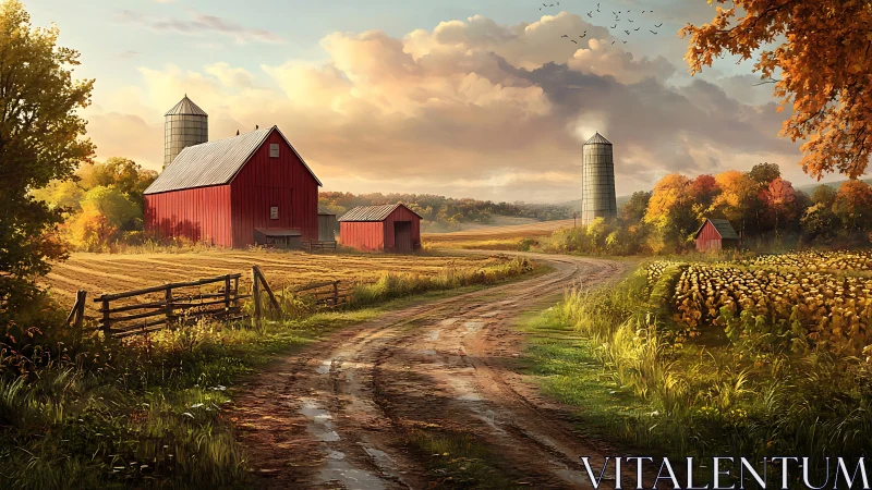 Golden country road winds through peaceful autumn farm fields