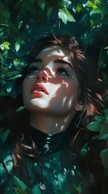 Young woman’s face framed by dense green foliage