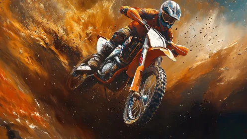 Motocross rider suspended in explosive particulate turbulence.