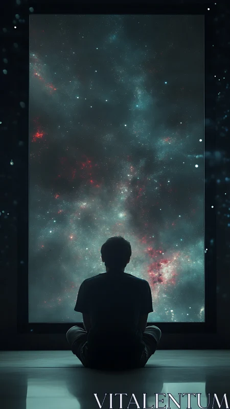 Silhouette observing star field through large vertical window.