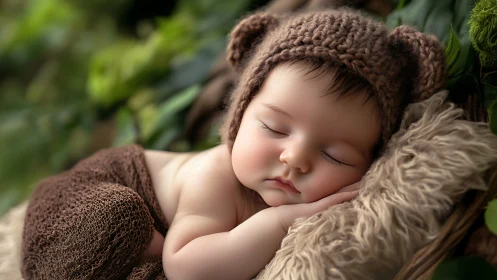 Sleeping Infant in Knitted Bear Hat with Natural Outdoor Setting.
