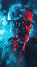 Bicolored volumetric portrait of smoking elder in neon fog.