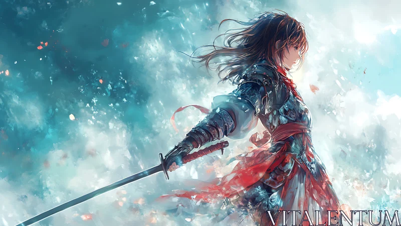 Armored anime swordswoman strides through luminous storm clouds