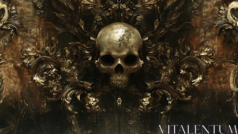 Golden skull surrounded by dark, ornate floral flourishes.