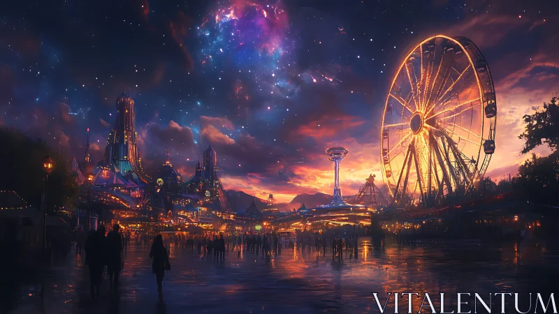 Futuristic night carnival under vivid cosmic sky.