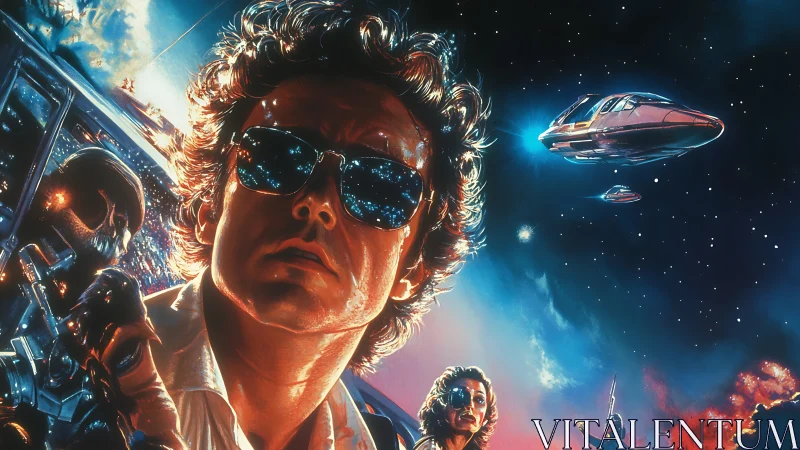 Retro sci fi hero close up with neon starfield composition.