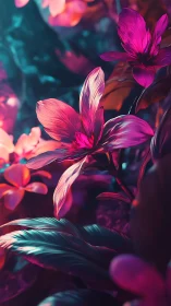 Neon-lit flowers with vibrant pink and cyan color cast.