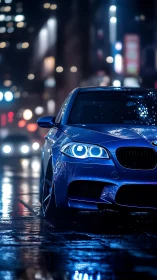 Blue sports sedan stands on wet city street at night