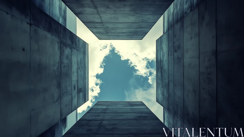 Geometric concrete courtyard framing rectangular sky opening.