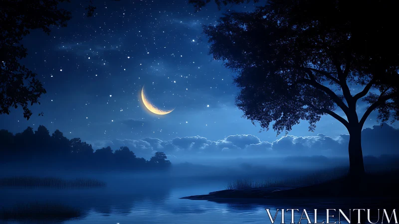 Lunar crescent over misted lacustrine horizon under starlight.